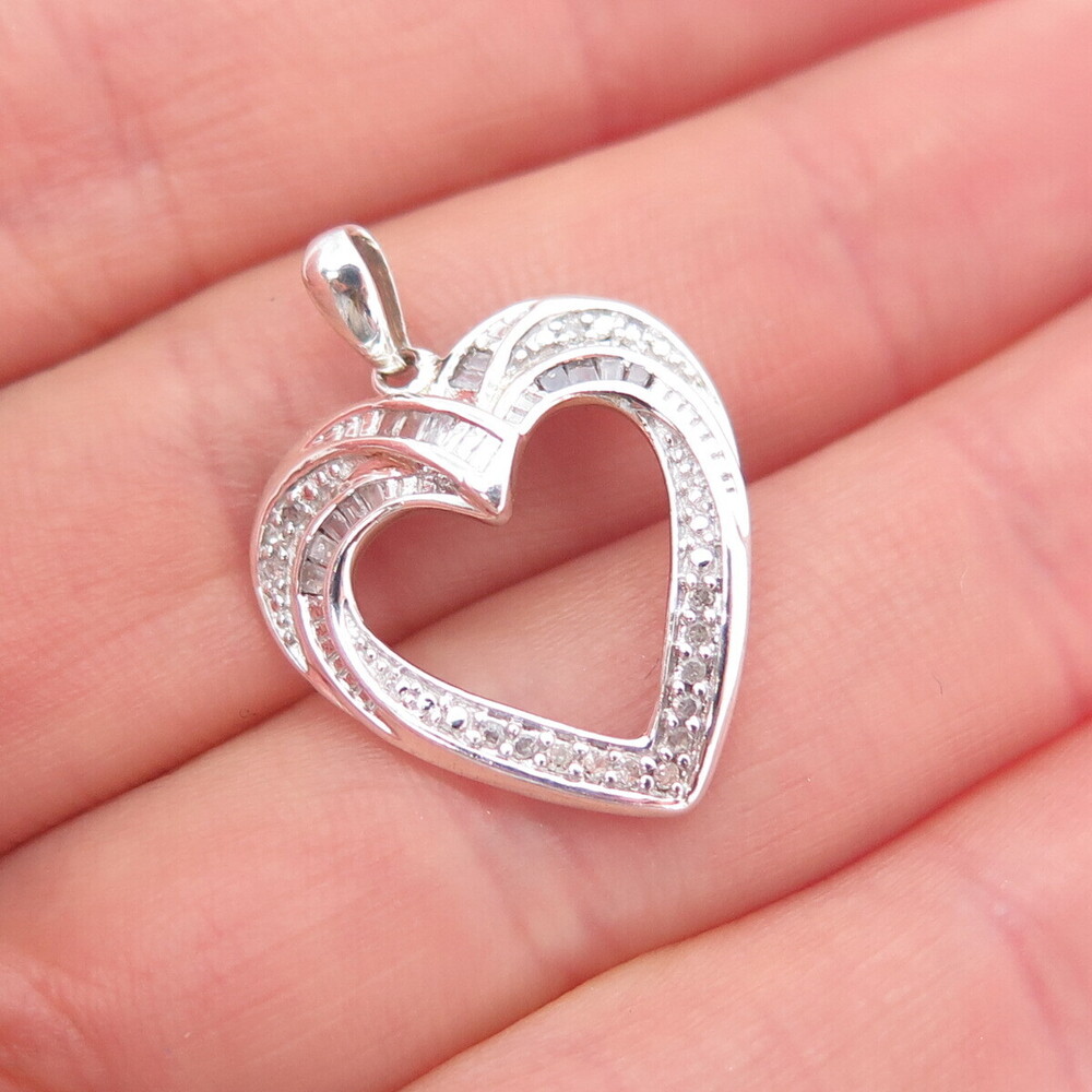 HAN Sterling Silver Real Round & Tapered Baguette-Cut Diamond Heart Mini Pendant
